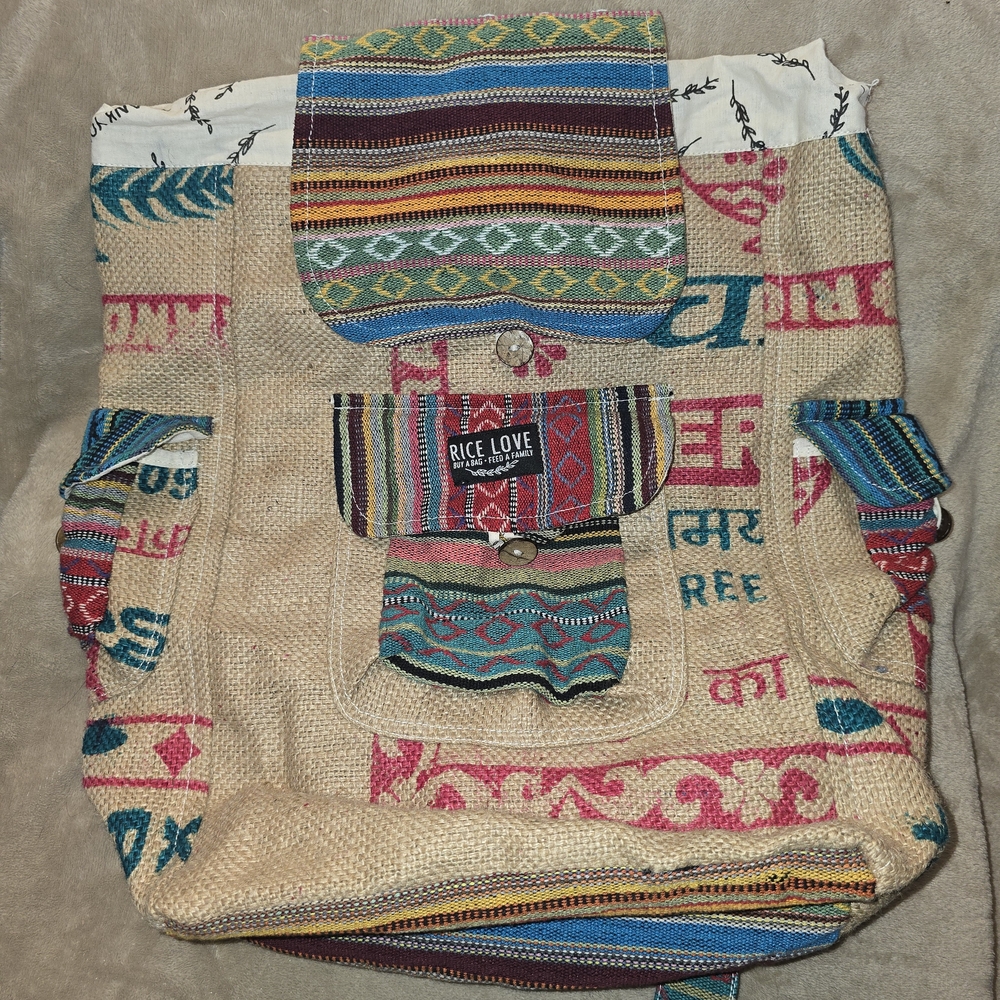 Rice Love Multicolor Boho Jute Backpack
